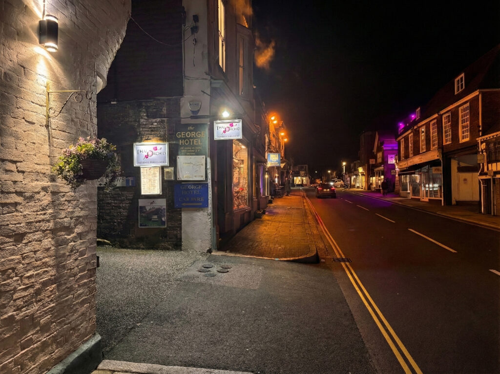 Battle High Street at night outside Thai Orchid Battle